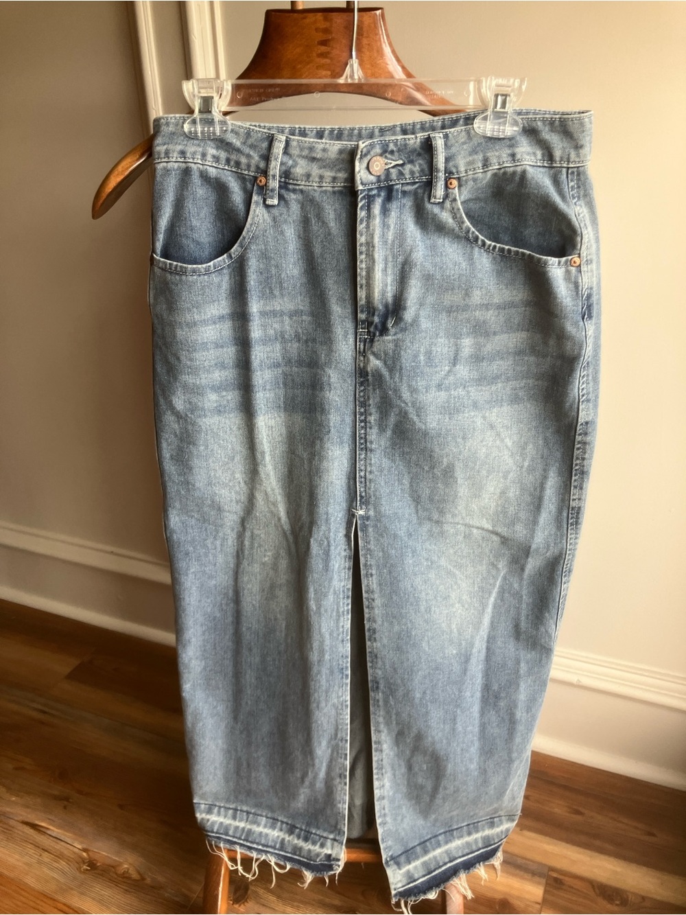 Happily Grey Denim Maxi Skirt Size 7/27 Light Wash Front Slit Raw Hem
